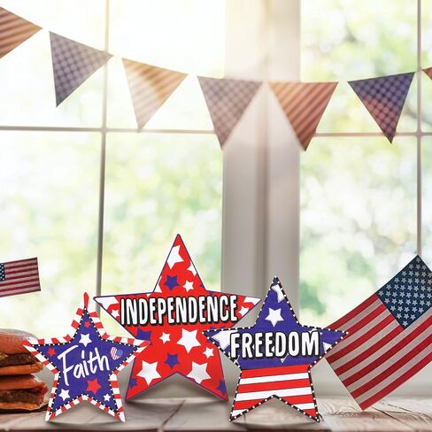 3 Pieces 4th of July Wood Star Decoration Faith Sign Patriotic Wooden Home Table Decor for Living Room Dining Table Centerpieces Memorial Day Decorations (Freedom and Independence) in Saudi Arabia