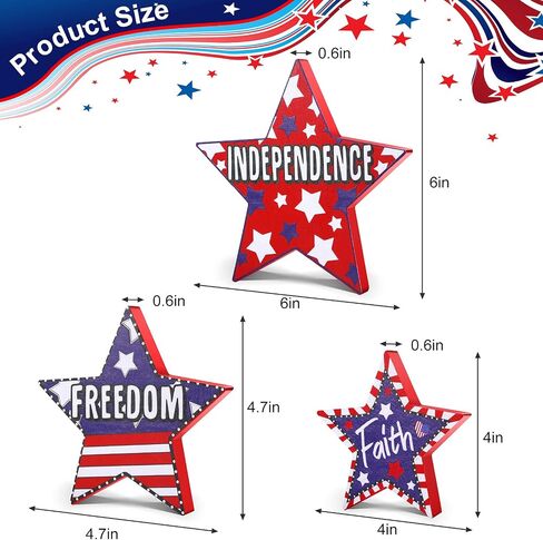 3 Pieces 4th of July Wood Star Decoration Faith Sign Patriotic Wooden Home Table Decor for Living Room Dining Table Centerpieces Memorial Day Decorations (Freedom and Independence) in Saudi Arabia