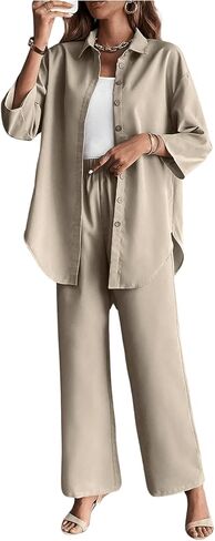 GORGLITTER Women's 2 Piece Pants Outfits 3/4 Sleeve Collared Button Down Shirt Wide Leg Pants Set in Saudi Arabia