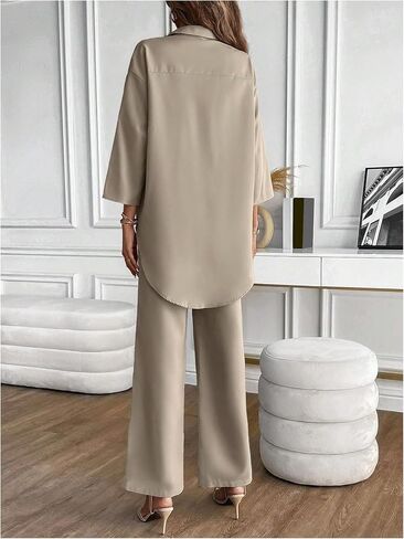 GORGLITTER Women's 2 Piece Pants Outfits 3/4 Sleeve Collared Button Down Shirt Wide Leg Pants Set in Saudi Arabia