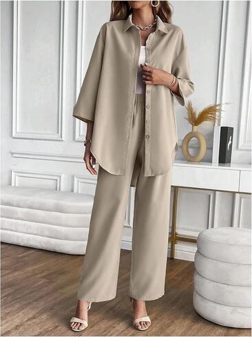 GORGLITTER Women's 2 Piece Pants Outfits 3/4 Sleeve Collared Button Down Shirt Wide Leg Pants Set in Saudi Arabia