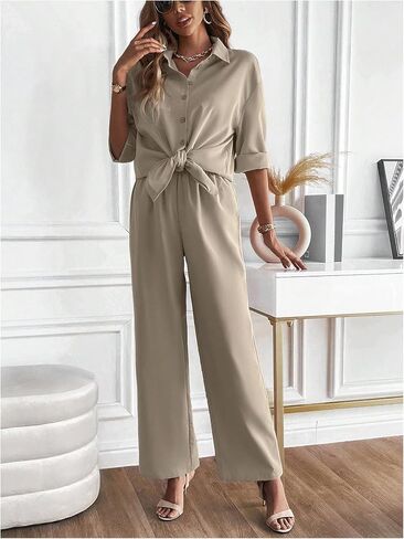 GORGLITTER Women's 2 Piece Pants Outfits 3/4 Sleeve Collared Button Down Shirt Wide Leg Pants Set in Saudi Arabia