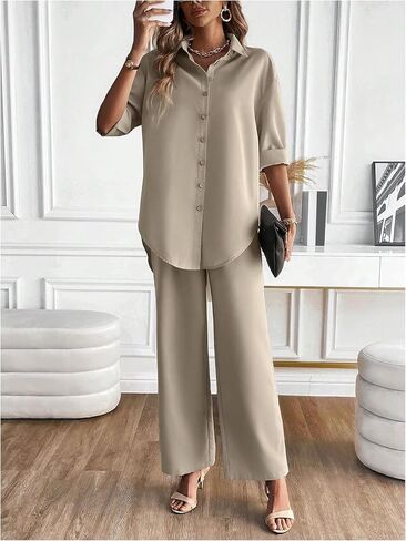 GORGLITTER Women's 2 Piece Pants Outfits 3/4 Sleeve Collared Button Down Shirt Wide Leg Pants Set in Saudi Arabia