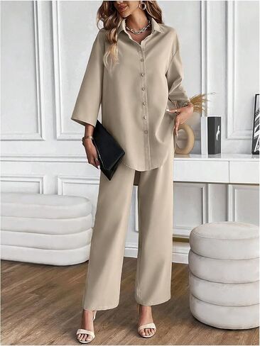 GORGLITTER Women's 2 Piece Pants Outfits 3/4 Sleeve Collared Button Down Shirt Wide Leg Pants Set in Saudi Arabia
