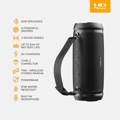 TREBLAB HD-Max - مكبر صوت بلوتوث كبير بصوت عالٍ - 50 وات، بطارية 20 ساعة، باور بانك، TWS، مقاوم للماء IPX6 | مكبر صوت محمول بصوت عالٍ مع صوت جهير عميق | مكبرات صوت لاسلكية خارجية مع موصل من النوع C وحزام حمل (متجدد) in Saudi Arabia