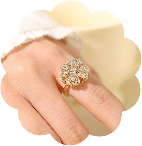 Bling Fidget Rings for Anxiety Relief Stress Crystal Spinner Ring for Women Girls Flower Anxiety Ring Good Luck Four Leaf Clover Ring Lovely Adjustable Rings in Kuwait