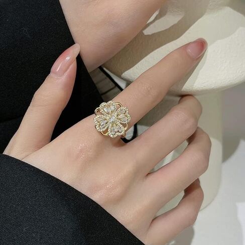 Bling Fidget Rings for Anxiety Relief Stress Crystal Spinner Ring for Women Girls Flower Anxiety Ring Good Luck Four Leaf Clover Ring Lovely Adjustable Rings in Kuwait