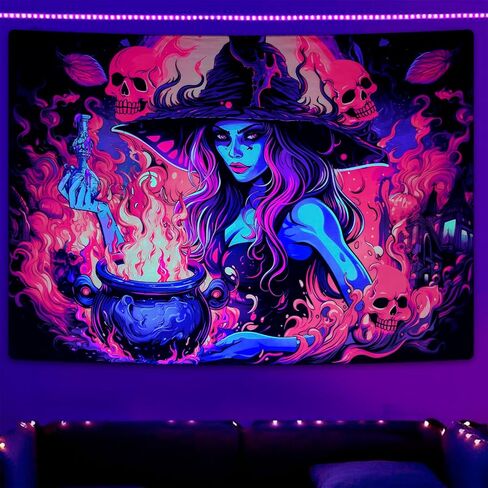 Invoibler Blacklight Witch Tapestry الأشعة فوق البنفسجية التفاعلية الجمجمة المفروشات السحر جرعة النار نسيج يتوهج في الظلام نسيج أسود ضوء نسيج لغرفة النوم (51.2 × 59.1 بوصة) in Kuwait