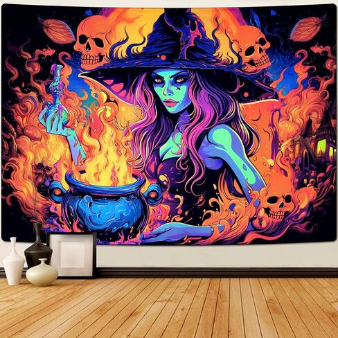 Invoibler Blacklight Witch Tapestry الأشعة فوق البنفسجية التفاعلية الجمجمة المفروشات السحر جرعة النار نسيج يتوهج في الظلام نسيج أسود ضوء نسيج لغرفة النوم (51.2 × 59.1 بوصة) in Kuwait