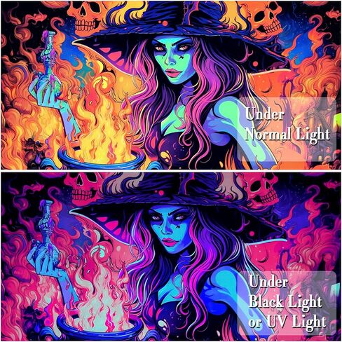 Invoibler Blacklight Witch Tapestry الأشعة فوق البنفسجية التفاعلية الجمجمة المفروشات السحر جرعة النار نسيج يتوهج في الظلام نسيج أسود ضوء نسيج لغرفة النوم (51.2 × 59.1 بوصة) in Kuwait