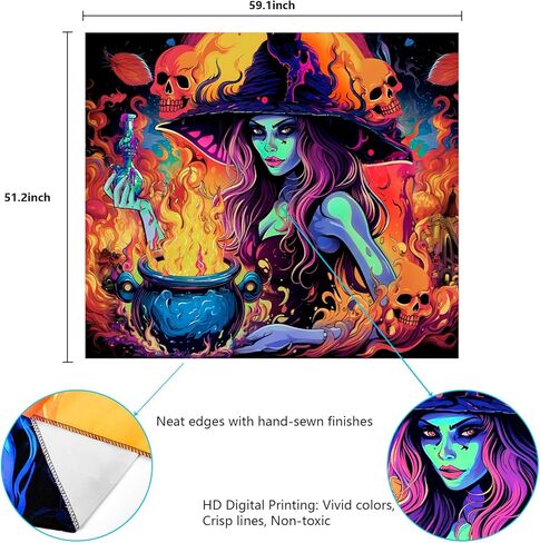 Invoibler Blacklight Witch Tapestry الأشعة فوق البنفسجية التفاعلية الجمجمة المفروشات السحر جرعة النار نسيج يتوهج في الظلام نسيج أسود ضوء نسيج لغرفة النوم (51.2 × 59.1 بوصة) in Kuwait
