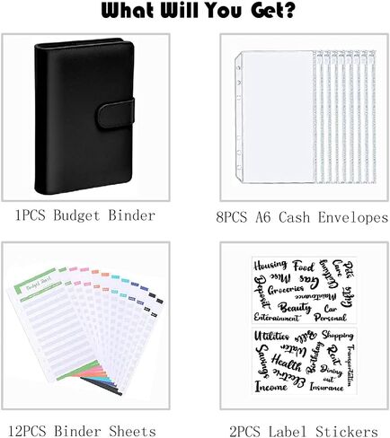A6 Pu Leather Budget Binder,Cash Envelopes for Budgeting,Budget Planner Include Budget Wallet, 8 pcs Budget Binder with Zipper Envelopes, 12 pcs Budget Sheets, 2 pcs Budget Binder Stickers(Black) in Saudi Arabia