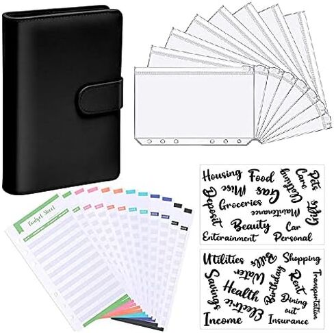 A6 Pu Leather Budget Binder,Cash Envelopes for Budgeting,Budget Planner Include Budget Wallet, 8 pcs Budget Binder with Zipper Envelopes, 12 pcs Budget Sheets, 2 pcs Budget Binder Stickers(Black) in Saudi Arabia