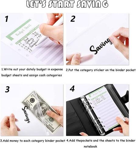 A6 Pu Leather Budget Binder,Cash Envelopes for Budgeting,Budget Planner Include Budget Wallet, 8 pcs Budget Binder with Zipper Envelopes, 12 pcs Budget Sheets, 2 pcs Budget Binder Stickers(Black) in Saudi Arabia