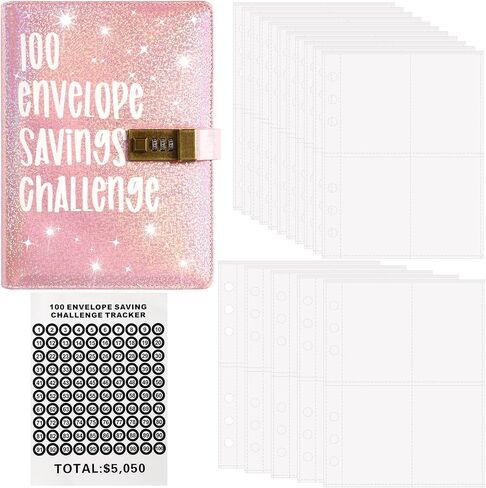 AUGSUN 100 مغلف تحدي توفير المال، مجلد الميزانية لتحدي توفير المال مع 100 ظرف نقدي، كتاب تحديات التوفير مع قفل، طريقة سهلة وممتعة لتوفير 5050 دولارًا in Kuwait