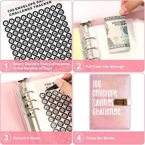 AUGSUN 100 مغلف تحدي توفير المال، مجلد الميزانية لتحدي توفير المال مع 100 ظرف نقدي، كتاب تحديات التوفير مع قفل، طريقة سهلة وممتعة لتوفير 5050 دولارًا in Kuwait