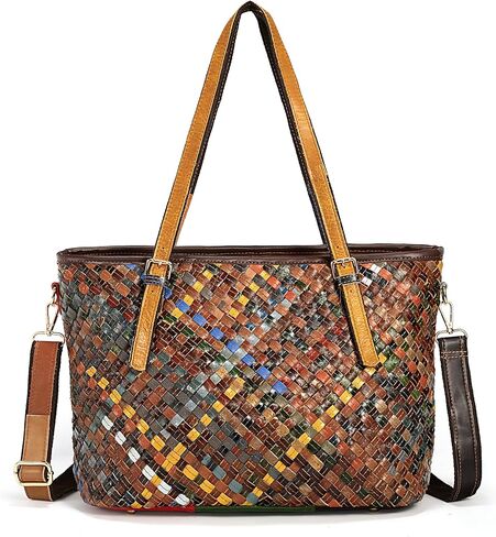 حقيبة كتف نسائية من الجلد الطبيعي من YALUXE، حقيبة يد منسوجة متعددة الألوان، محفظة ملونة مع أشرطة قابلة للتعديل in Kuwait