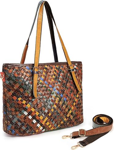 حقيبة كتف نسائية من الجلد الطبيعي من YALUXE، حقيبة يد منسوجة متعددة الألوان، محفظة ملونة مع أشرطة قابلة للتعديل in Kuwait