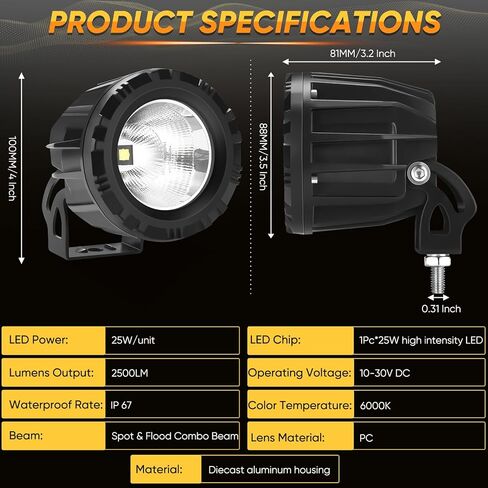 2 قطعة 25 واط 3.5 بوصة سوبر مشرق الأصفر العنبر بقعة LED أضواء الضباب القيادة المستديرة لجيب SUV شاحنة بيك اب قارب ATV UTV 4wd 4x4 شاحنة رانجلر قارب جرار in Kuwait