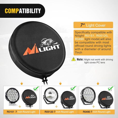 Nilight 7inch Round Offroad Driving Pod Light Cover, 7.25 Inch Diameter Black Leather Protective Cover for Auxiliary Ditch Fog Bumper Headlight on Jeep Truck SUV ATV UTV Tractor, 2 Years Warranty in Saudi Arabia