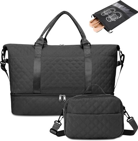 Weekender Bags for Women Travel, Carry on Overnight Bag Weekender Bag with Shoe Compartment and Wet Pocket Travel Duffle Bag with Toiletry Bag Gym Travel Versatile Luggage Bag (Black) in Saudi Arabia