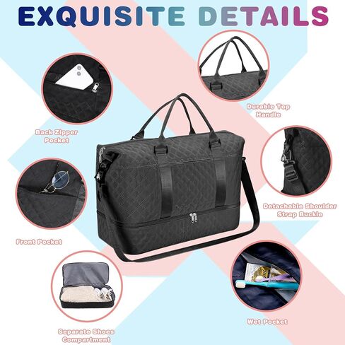 Weekender Bags for Women Travel, Carry on Overnight Bag Weekender Bag with Shoe Compartment and Wet Pocket Travel Duffle Bag with Toiletry Bag Gym Travel Versatile Luggage Bag (Black) in Saudi Arabia