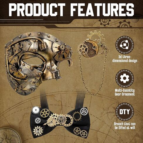 33 قطعة قناع Steampunk من إكسسوارات Steampunk المعدنية قناع تنكر البندقية Steampunk Gears ربطة عنق بروش عجلة مسننة قلادة ساحرة للرجال والنساء حفلة عيد الفصح in Saudi Arabia