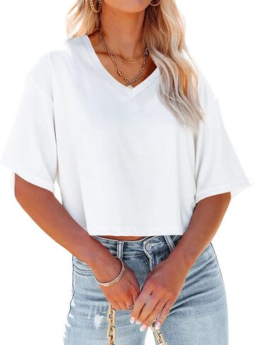Tankaneo Womens V Neck Cropped T Shirts Casual Summer Crop Tops Half Sleeve Solid Color Crop Baisc Tees in Saudi Arabia