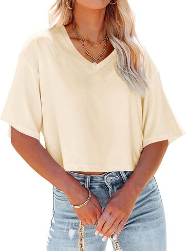 Tankaneo Womens V Neck Cropped T Shirts Casual Summer Crop Tops Half Sleeve Solid Color Crop Baisc Tees in Saudi Arabia