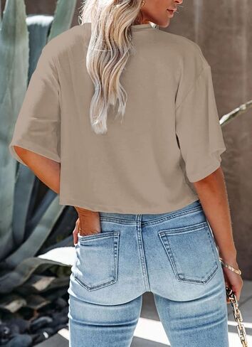 Tankaneo Womens V Neck Cropped T Shirts Casual Summer Crop Tops Half Sleeve Solid Color Crop Baisc Tees in Saudi Arabia