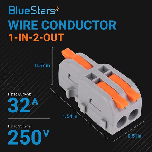 BlueStars 20 Pcs 250V 32A Compact Splicing Lever Wire Connector, 1-In-2-Out Orange Wire Connectors Push-in Suitable for Multiple Types Butt Terminal Connectors - CE Certified in Saudi Arabia
