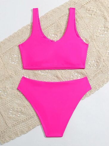 Girl's 2 Piece Notched Neck Bathing Suit Wireless Crop Swim Suits Casual Bikini Swimwear Set in Saudi Arabia