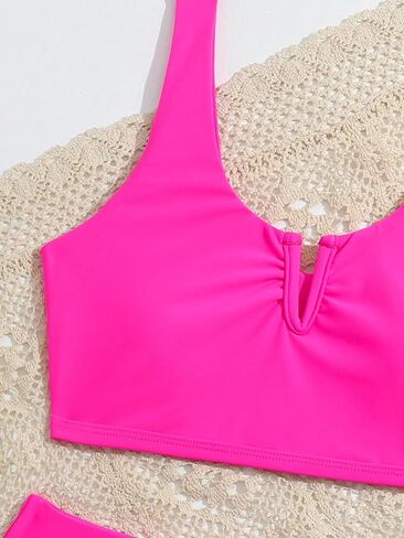 Girl's 2 Piece Notched Neck Bathing Suit Wireless Crop Swim Suits Casual Bikini Swimwear Set in Saudi Arabia