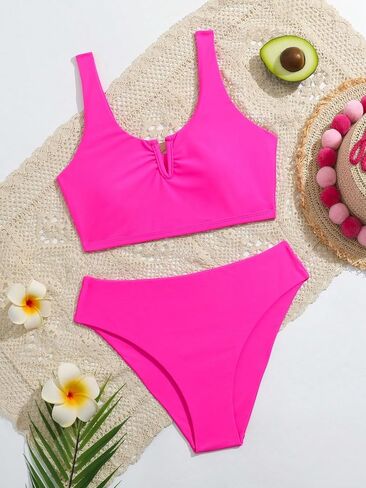 Girl's 2 Piece Notched Neck Bathing Suit Wireless Crop Swim Suits Casual Bikini Swimwear Set in Saudi Arabia
