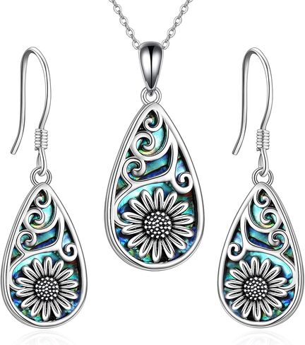 POPLYKE 925 Sterling Silver Sunlower Earrings Teardrop Abalone Jewelry Set For Women in Kuwait