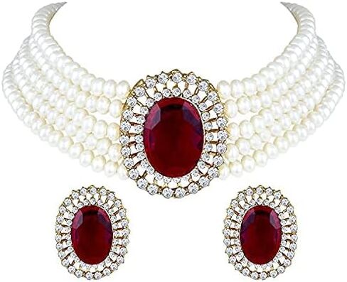 Aheli Kundan Pearl Choker Multi Layered Beaded Necklace Earrings Set Indian Traditional Wedding Jewelry for Women in Saudi Arabia