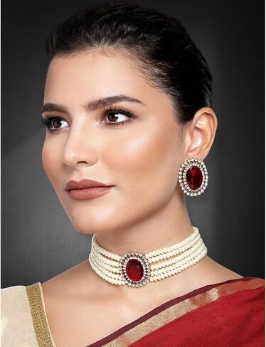 Aheli Kundan Pearl Choker Multi Layered Beaded Necklace Earrings Set Indian Traditional Wedding Jewelry for Women in Saudi Arabia