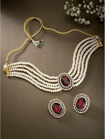 Aheli Kundan Pearl Choker Multi Layered Beaded Necklace Earrings Set Indian Traditional Wedding Jewelry for Women in Saudi Arabia