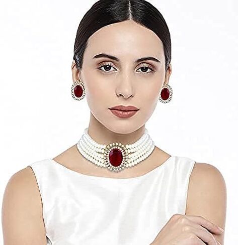 Aheli Kundan Pearl Choker Multi Layered Beaded Necklace Earrings Set Indian Traditional Wedding Jewelry for Women in Saudi Arabia