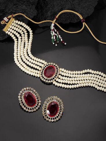 Aheli Kundan Pearl Choker Multi Layered Beaded Necklace Earrings Set Indian Traditional Wedding Jewelry for Women in Saudi Arabia