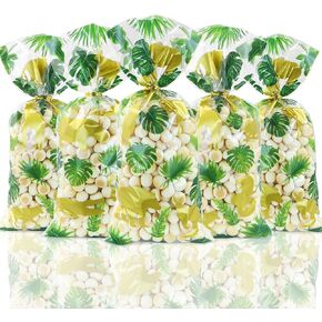 105 Pieces Jungle Animal Cellophane Treat Bags, Safari Animal Palm Printed Green Gold Wild One Goodie Bags with Gold Twist Ties for Jungle Theme Baby Shower Decorations Kids Birthday Party Favors