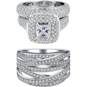 Wedding Ring Set Plated White Gold Princess Cut Cubic Zirconia Couples Rings Filled blac Cz Intertwined Crossover Engagement Bridal Band Women （Size 6）