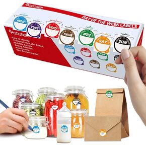 Label Stickers for Food Containers with Dispenser Box, Removable Day Dot Food Labels Peel Tab 7 Day of The Week for Home Freezer Restaurant Supplies Week Monthly Planners Meal Prep Accessory