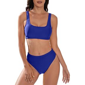 Women's High Waisted Bikini Sets Sporty Two Piece Swimsuits Solid Color Cheeky High Cut Bathing Suits