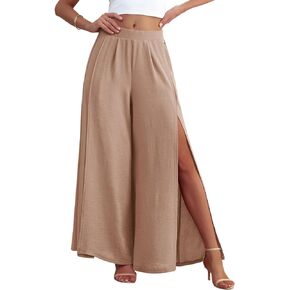 POKWAI 2024 Womens Summer Beach Flowy Pants Travel Vacation Wide Leg High Waist Split Leg Lightweight Palazzo Pants