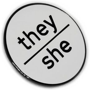 They She Pronoun Pin White Hard Enamel Black Metal Finish Lowercase Minimalist Pronoun Button