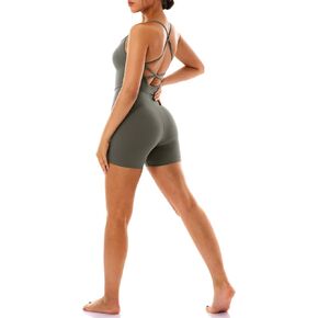 Workout Rompers for Women 4" Padded Crisscross Back Yoga Tops Bike Shorts Jumpsuits