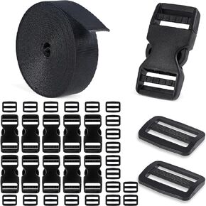 Buckles Straps Set 1", 6 Yards Nylon Webbing Strap, Backpack Straps with 10 Pcs Heavy Duty Adjustable Buckles and 20 Pcs Tri-Glide Slide Clips, No Sewing Seat Belt Extender