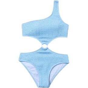 OYOANGLE Girl's Textured One Shoulder Ring Linked Tummy Control Bathing Suit Summer Beach One Pieces Swimsuits