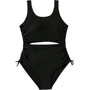 OYOANGLE Girl's Cut Out Drawstring Side One Piece Swimsuit Sleeveless Scoop Neck Bathing Suit Swimwear